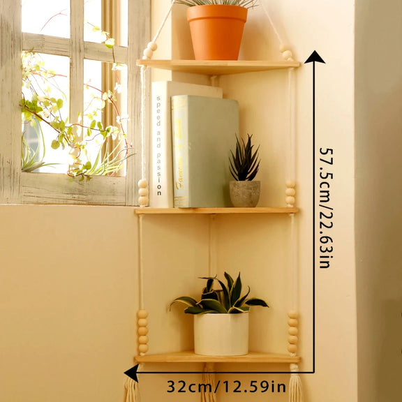Étagère murale d'angle en bois et corde variante 3 dimension
