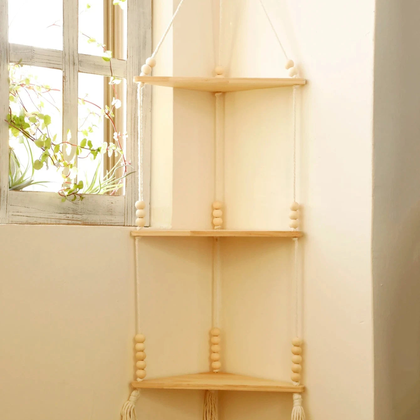 Étagère murale d'angle en bois et corde variante 3
