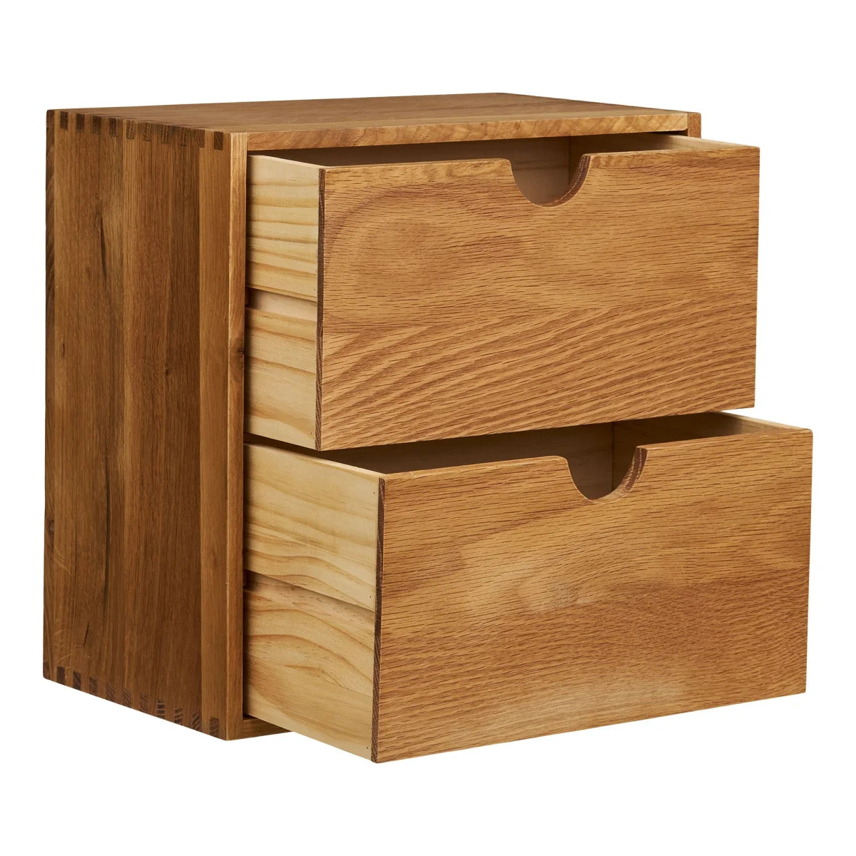 Boîte de rangement en bois clair avec deux tiroirs et poignées, 30x30 cm
