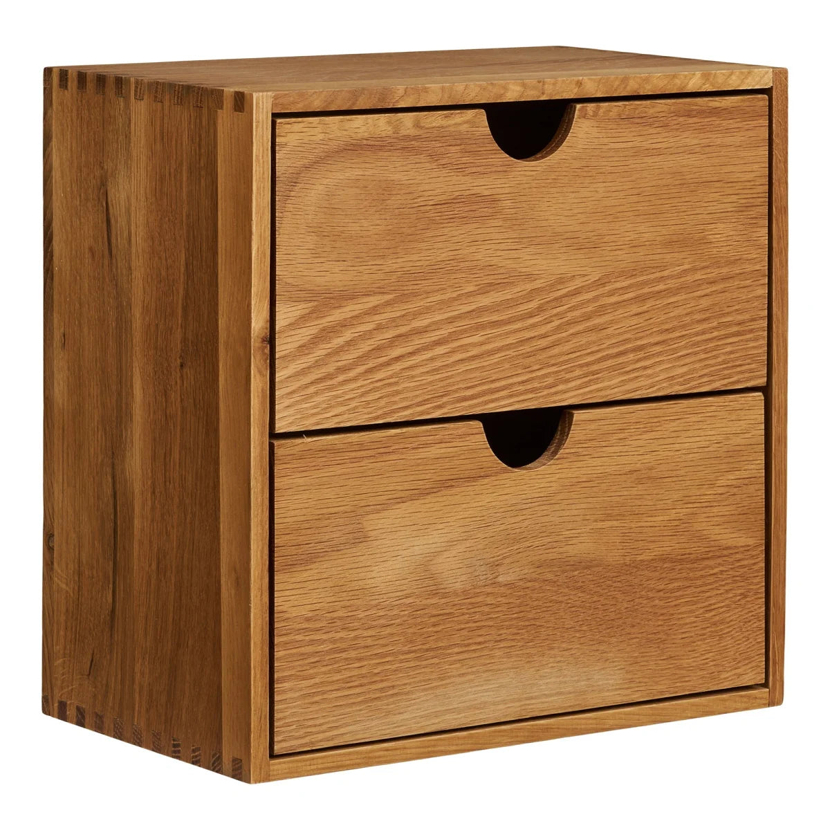 Unité de rangement en bois clair avec deux tiroirs à poignées encastrées