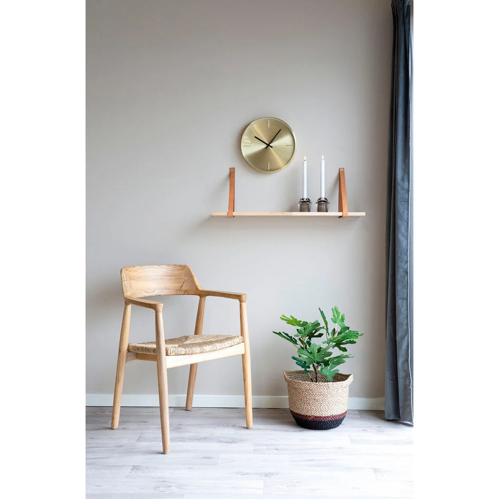 Chaise en bois avec siège tressé, idéale pour étagère murale en bois hévéa et cuir marron