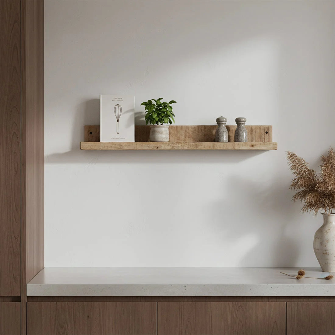 Étagère murale bois manguier naturel 75x8 cm avec plante et sel-poivre