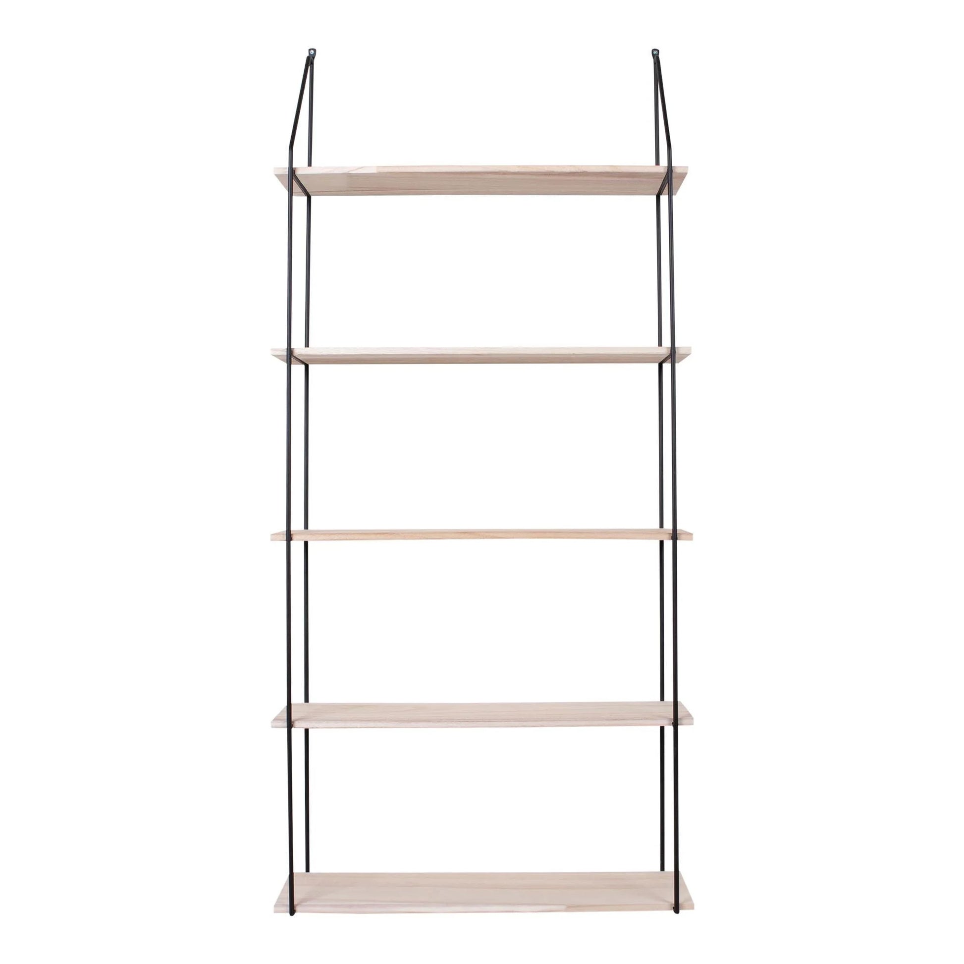 Étagère murale en bois naturel et métal noir avec cinq niveaux suspendus