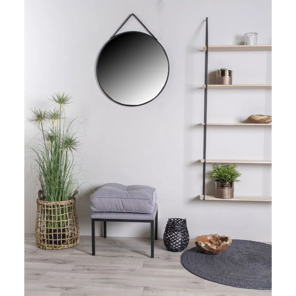 Étagère murale rectangulaire en bois naturel et métal noir 65x17 cm avec miroir rond noir suspendu