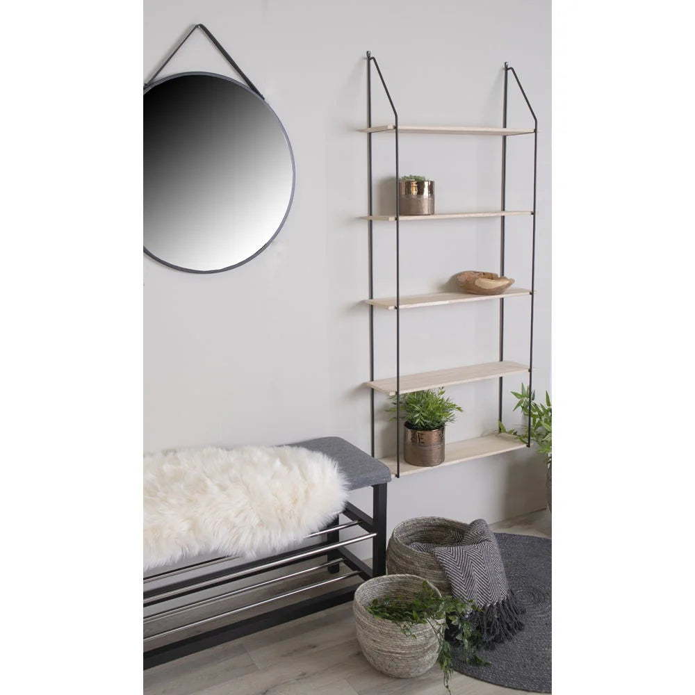 Miroir rond et étagère murale en bois naturel et métal noir rectangulaire