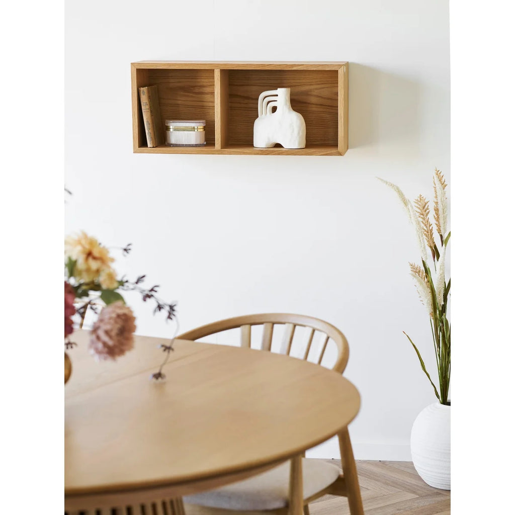 Étagère murale en bois naturel avec deux compartiments et niches, dimensions 71x20 cm