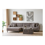 Canapé sectionnel gris velours côtelé avec coussins capitonnés et pieds en bois sombre