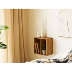 Étagère murale en chêne naturel à deux niches, 30x18 cm, avec livres et plante