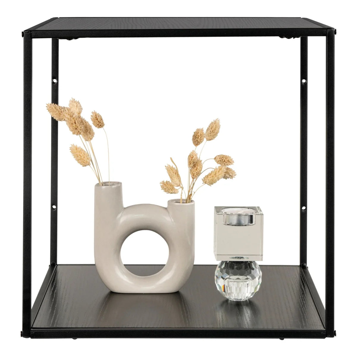 Vase céramique crème avec découpe circulaire, épi de blé doré, sur étagère murale cube 36x36x36 cm