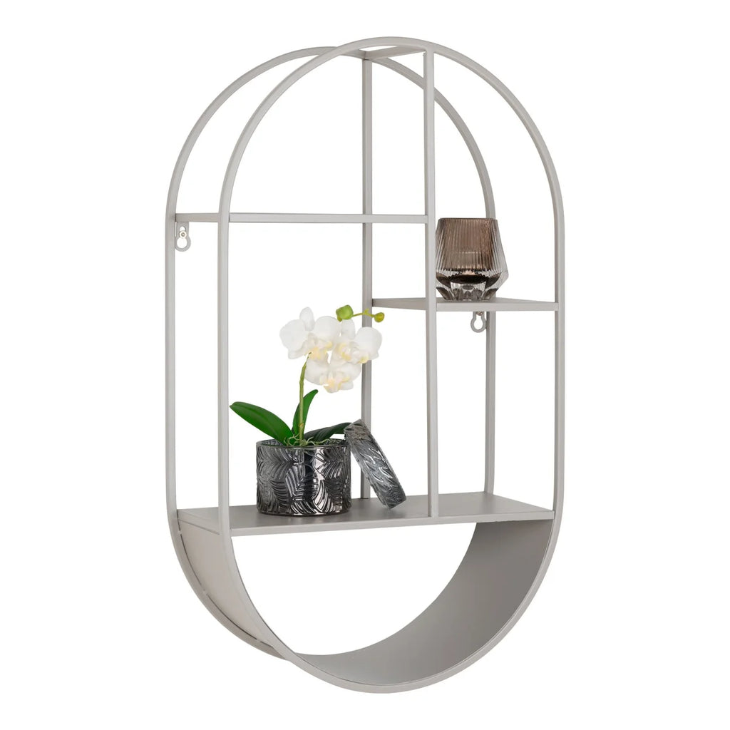 Étagère murale ovale grise en acier 35x15x60 cm avec orchidée blanche
