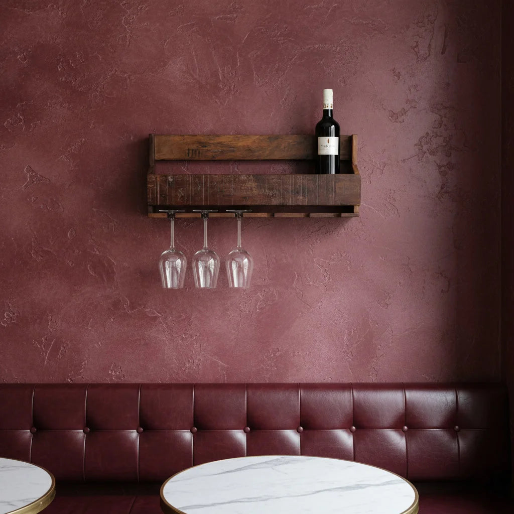 Étagère murale en bois recyclé brun vieilli avec bouteille de vin rouge et verres suspendus