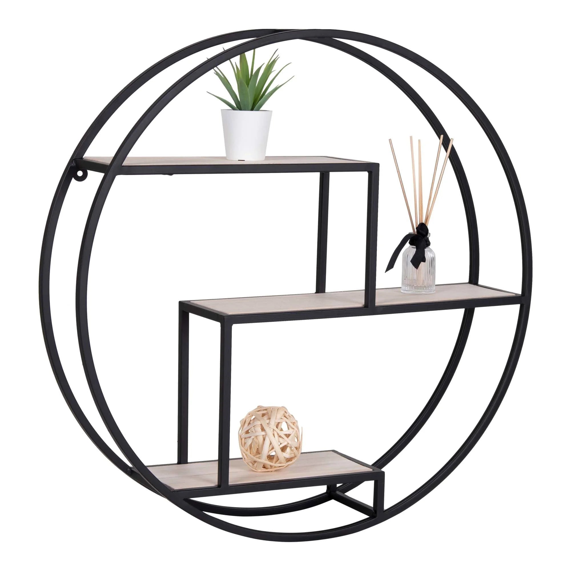 Étagère murale ronde en métal noir et bois naturel avec stockage circularØ62cm