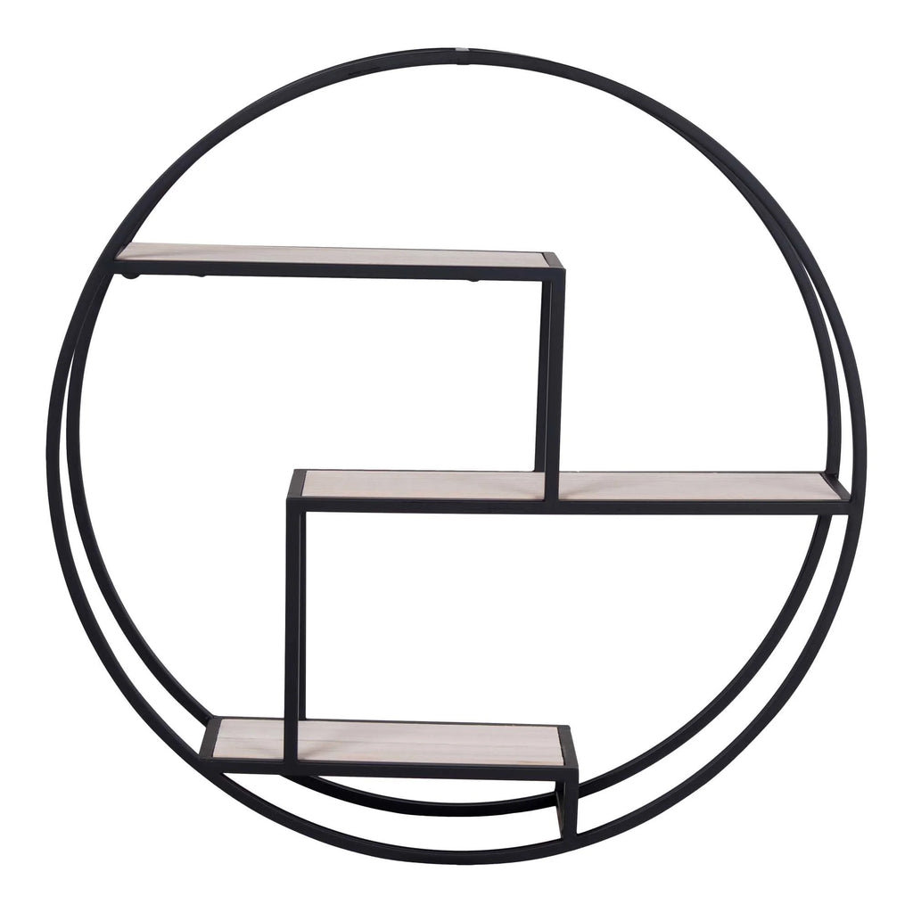 Étagère murale ronde en métal noir et bois naturel avec trois niveaux, Ø62 cm