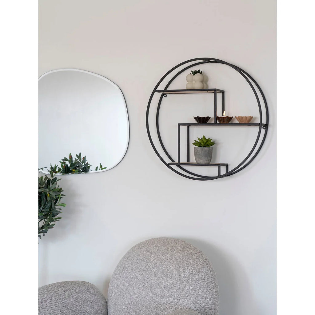 Étagère murale ronde en métal noir et bois naturel Ø62 cm