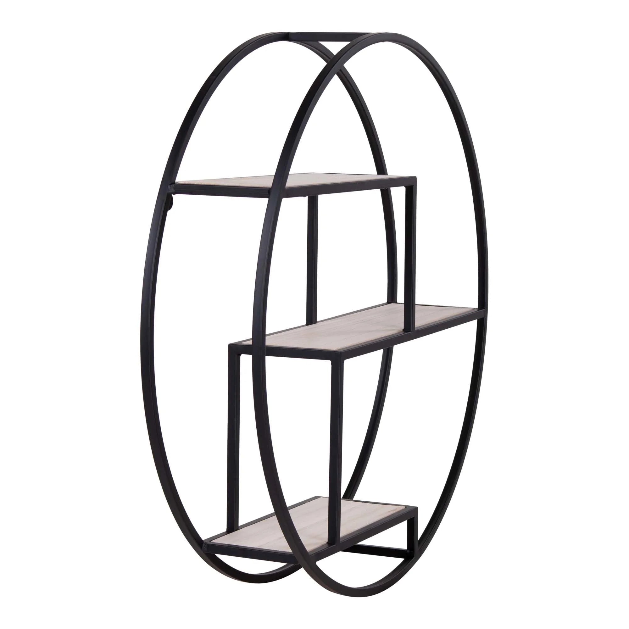 Étagère murale ronde en métal noir avec trois étagères en bois naturel Ø62 cm