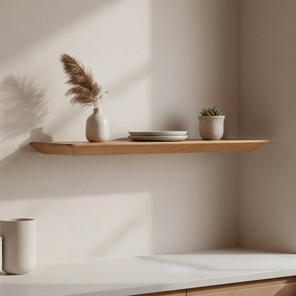 Étagère murale flottante en teck clair massif, 60x16 cm, design minimaliste lisse aux bords arrondis
