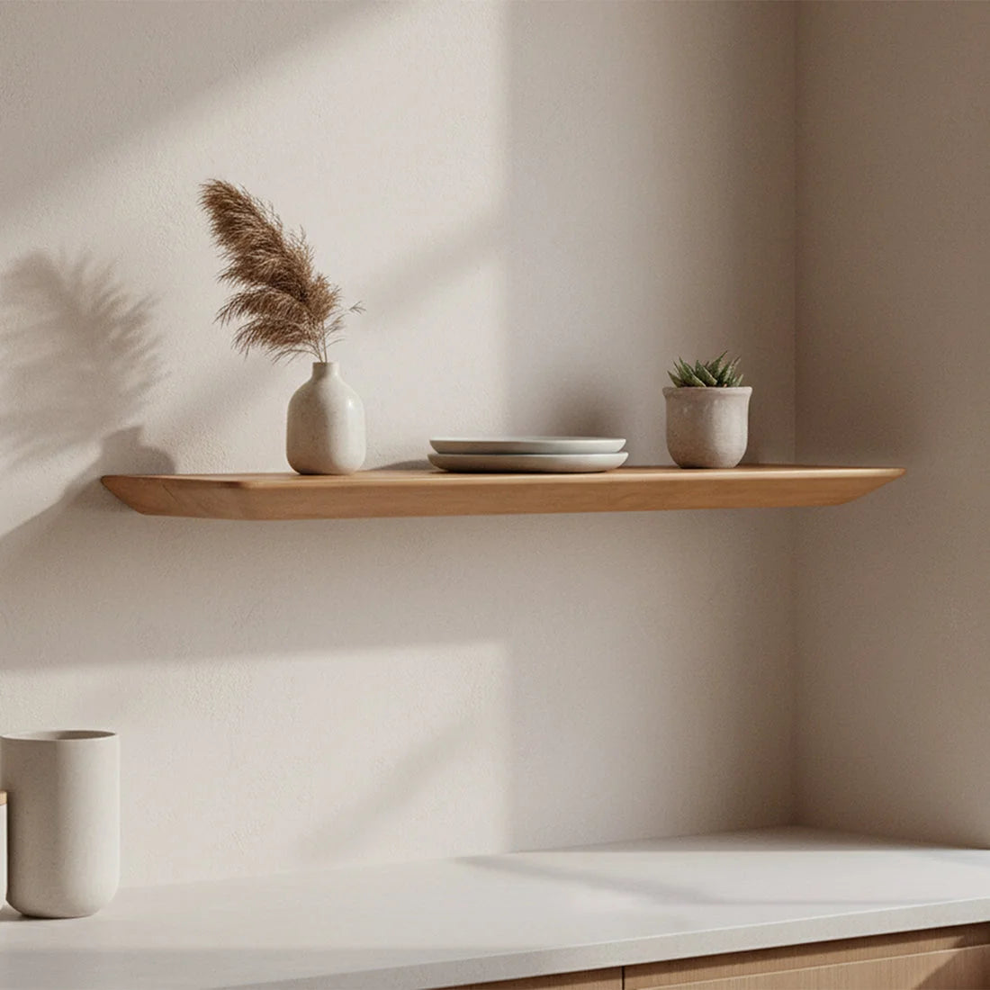 Étagère murale flottante en teck clair massif, 60x16 cm, design minimaliste lisse aux bords arrondis