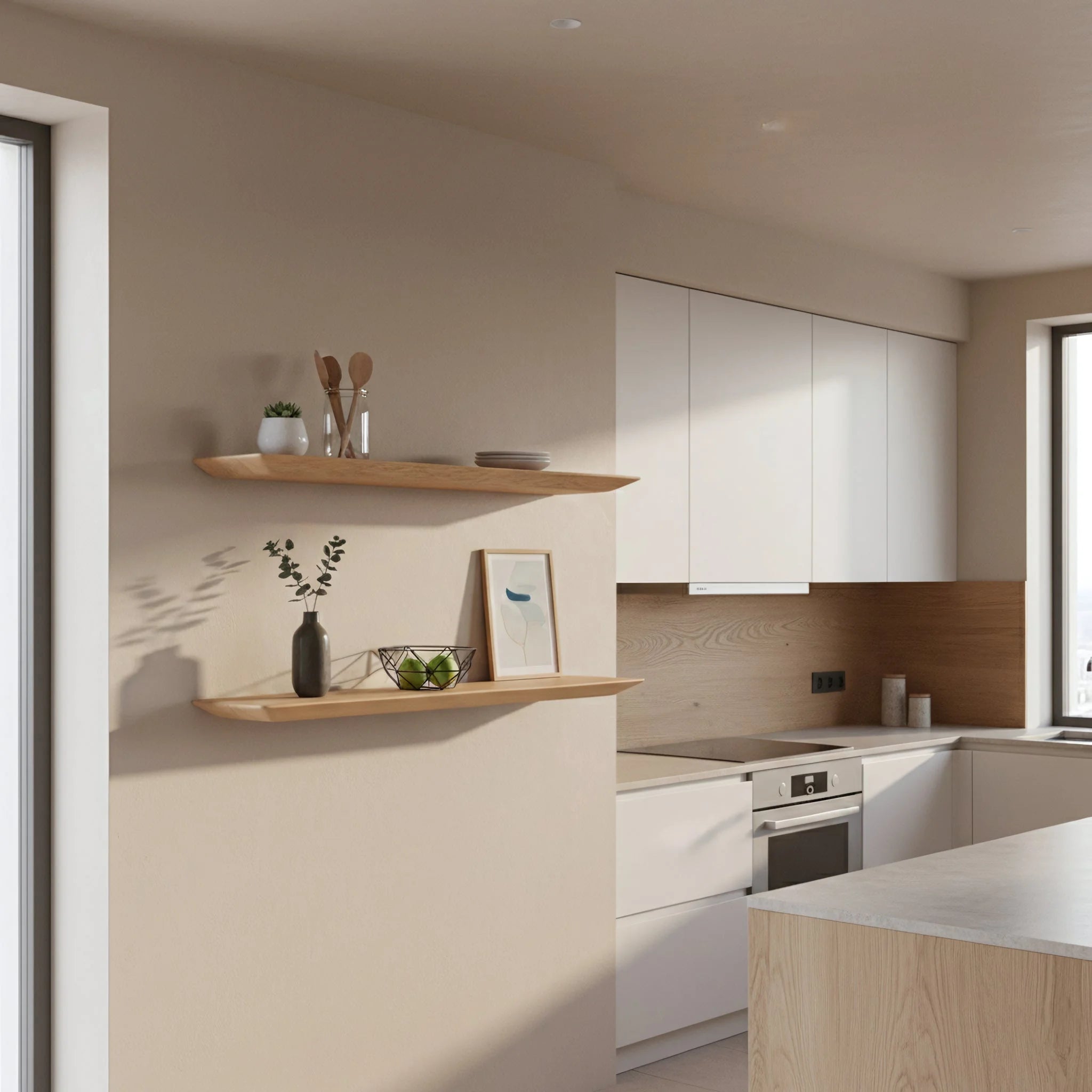 Deux étagères murales flottantes en teck massif clair, 90x16 cm