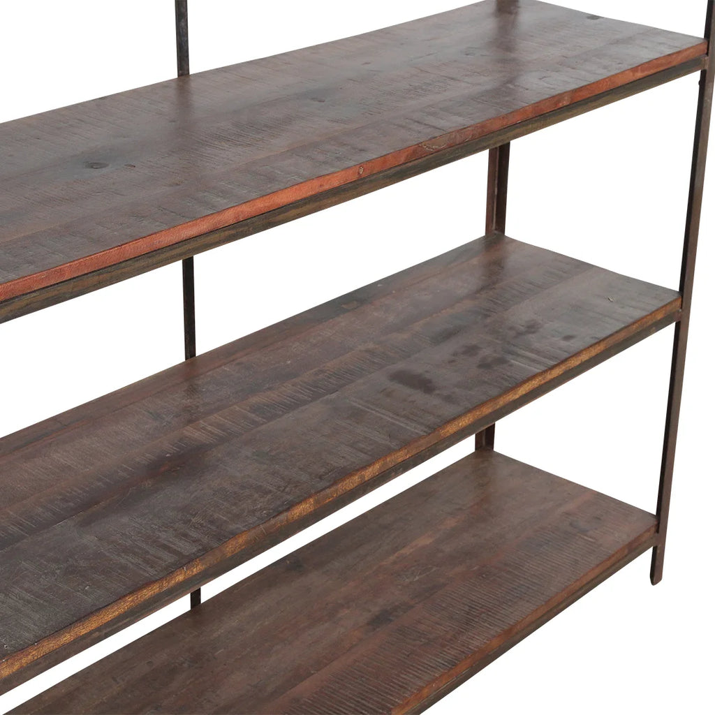 Étagère ouverte en bois recyclé foncé et métal noir, 138x42 cm