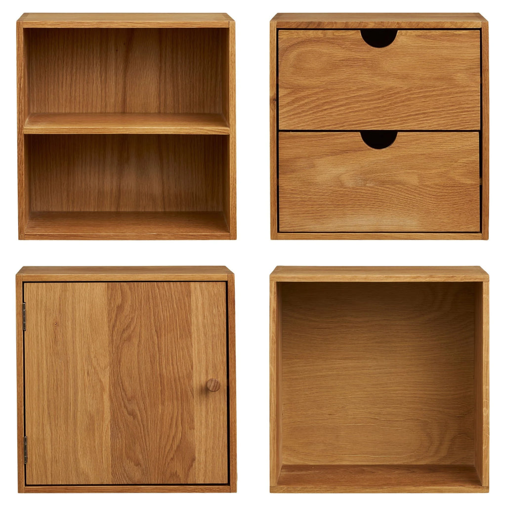 Étagères murales modulables en chêne clair, lot de 4 unités 30x18 cm avec étagères, tiroirs et armoire