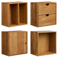 Lot de 4 étagères murales modulables en chêne clair 30x18 cm avec casiers cubiques en bois clair brun, incluant étagères ouvertes, deux tiroirs et une porte