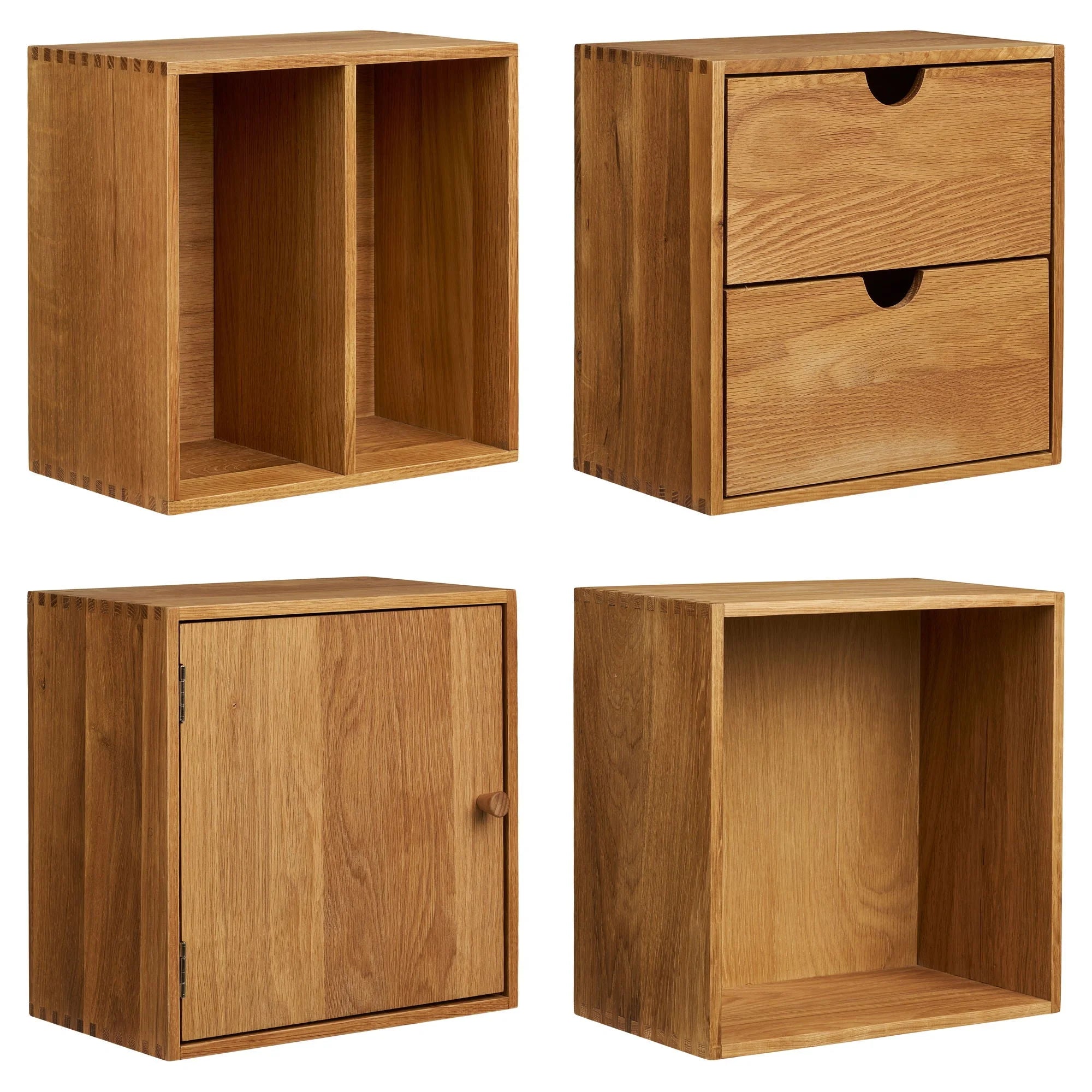 Lot de 4 étagères murales modulables en chêne clair 30x18 cm avec casiers cubiques en bois clair brun, incluant étagères ouvertes, deux tiroirs et une porte