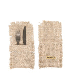 Étuis à couverts en coton doux beige avec étiquette Bazar Bizar et couverts rustiques