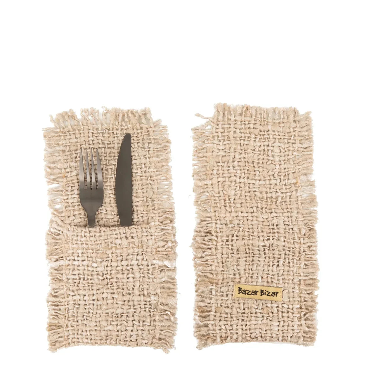 Étuis à couverts en coton doux beige avec porte-couverts en jute, lot de 4