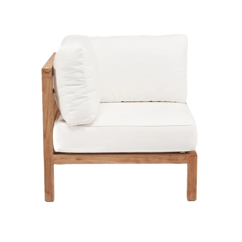 Fauteuil d angle modulable en teck recyclé avec cadre en bois et coussins blancs