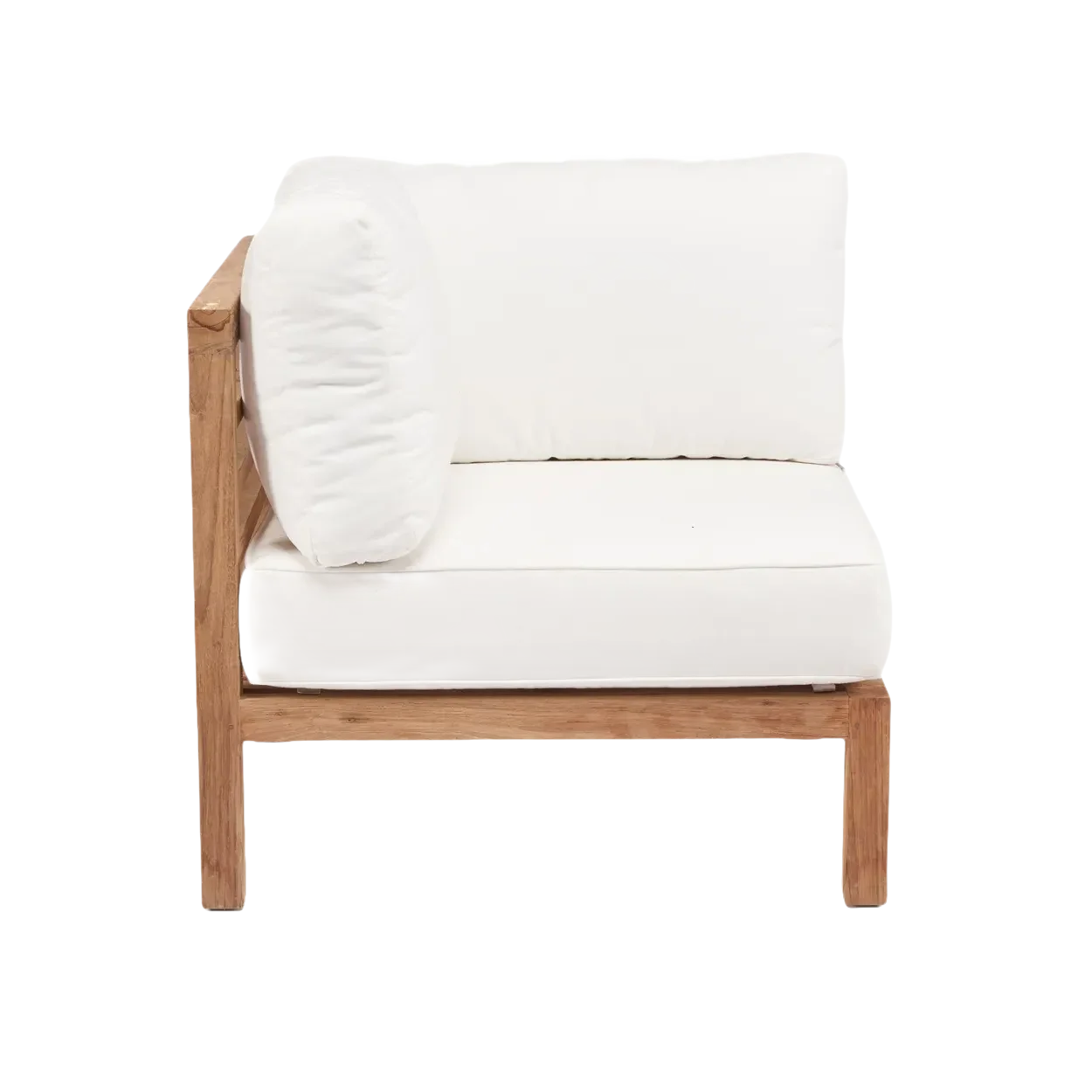 Fauteuil d angle modulable en teck recyclé avec cadre en bois et coussins blancs
