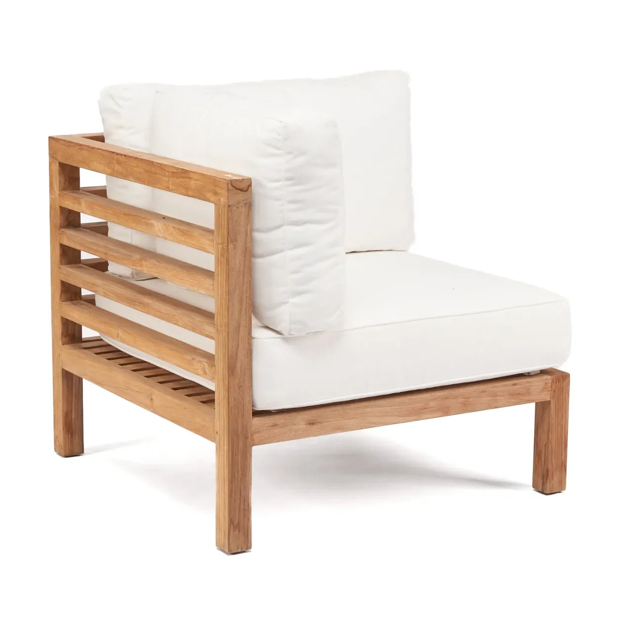 Fauteuil d’angle modulable en teck recyclé avec cadre en bois et coussins blancs