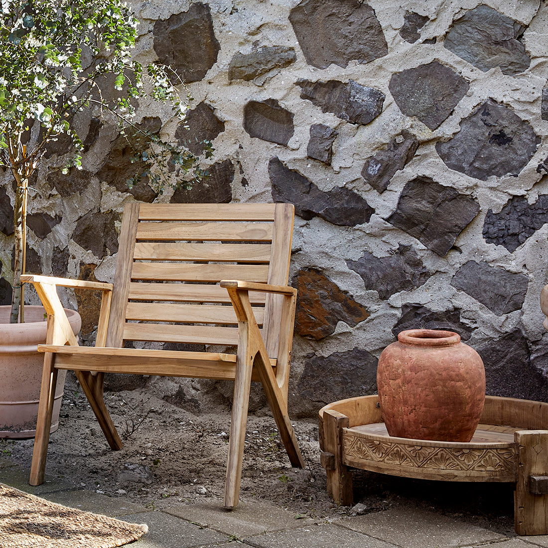 Fauteuil de jardin en teck massif naturel à lattes horizontales