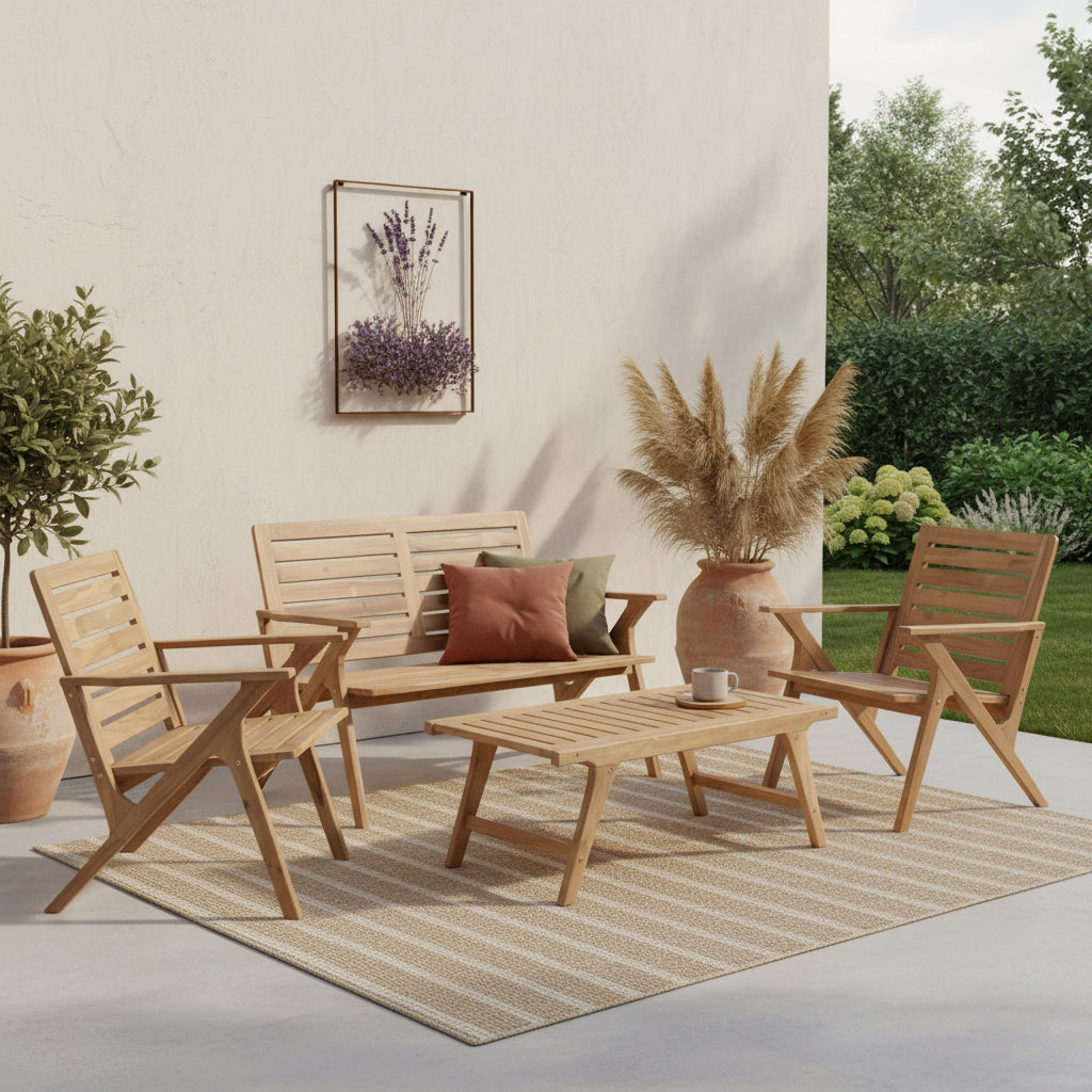 Ensemble patio teck clair : 2 fauteuils, banc coussiné, table basse