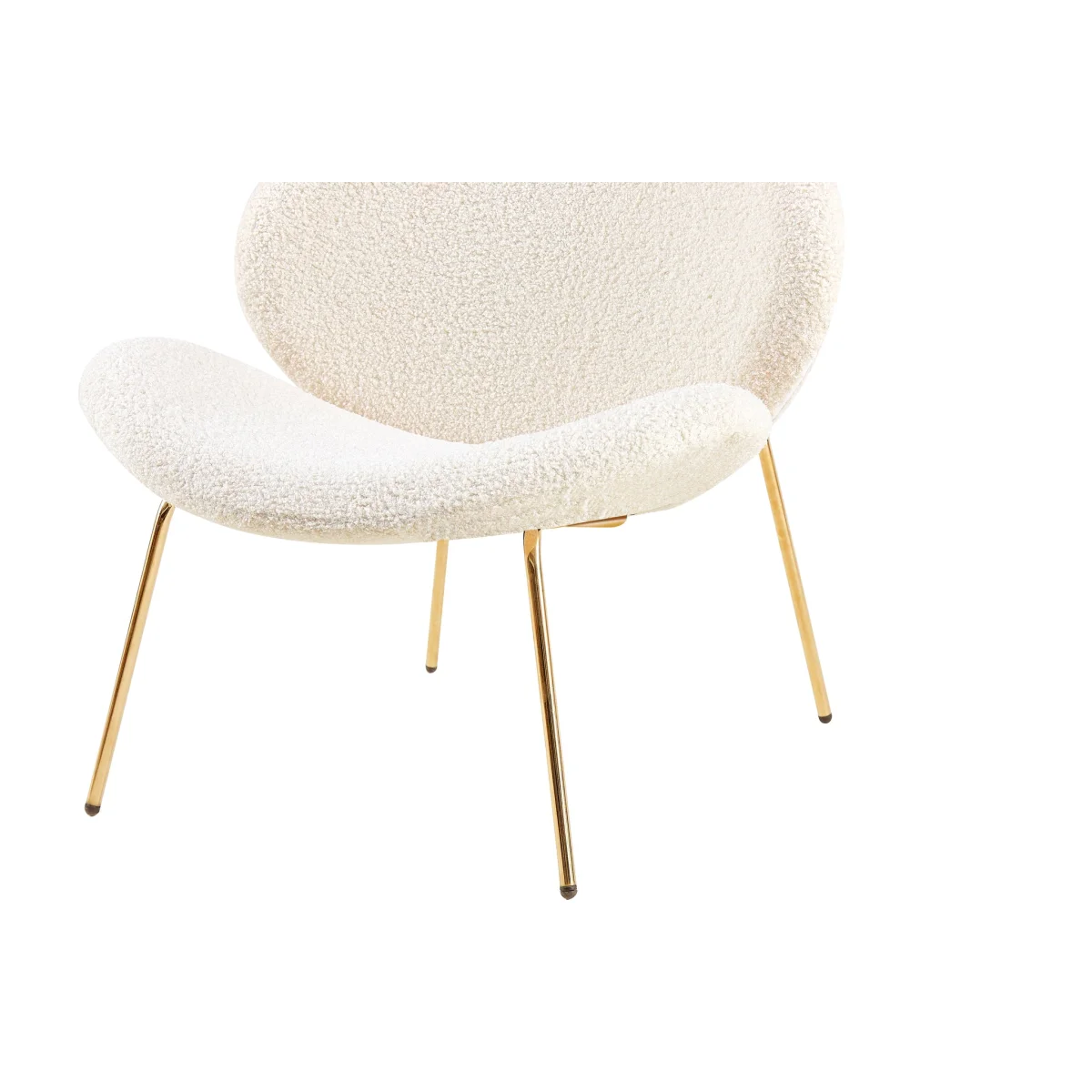 Fauteuil lounge bouclé écru avec pieds dorés en forme coquille, lot de 2