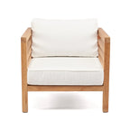 Fauteuil modulaire en teck recyclé avec bras en bois naturel et coussins blancs