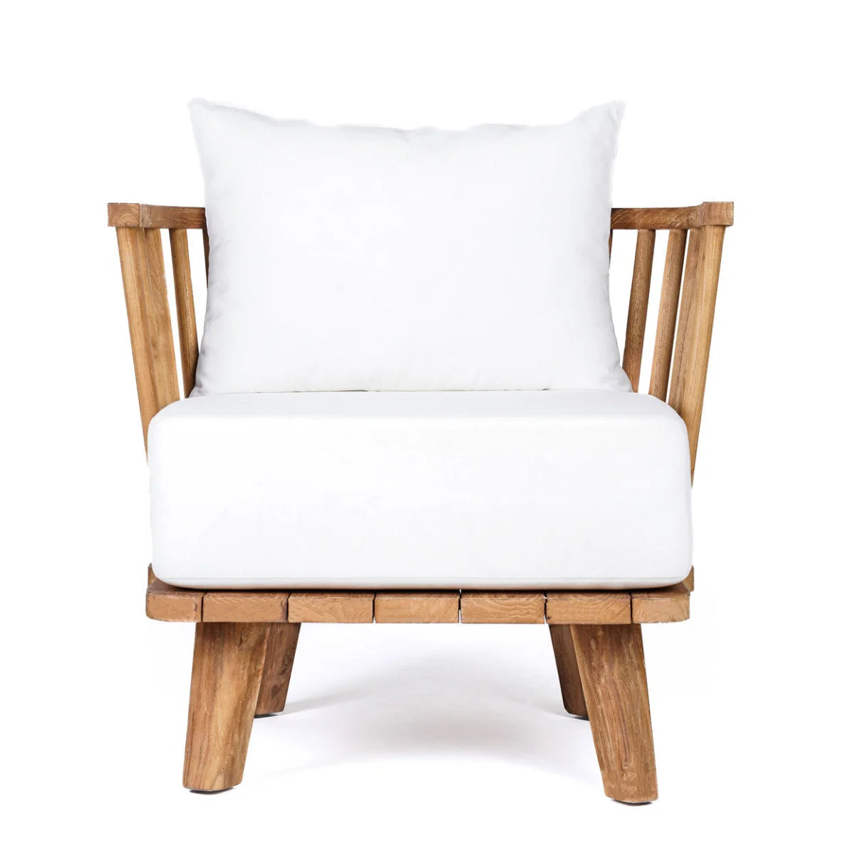 Fauteuil en teck recyclé avec coussins blancs pour salon ou terrasse 70x70 cm