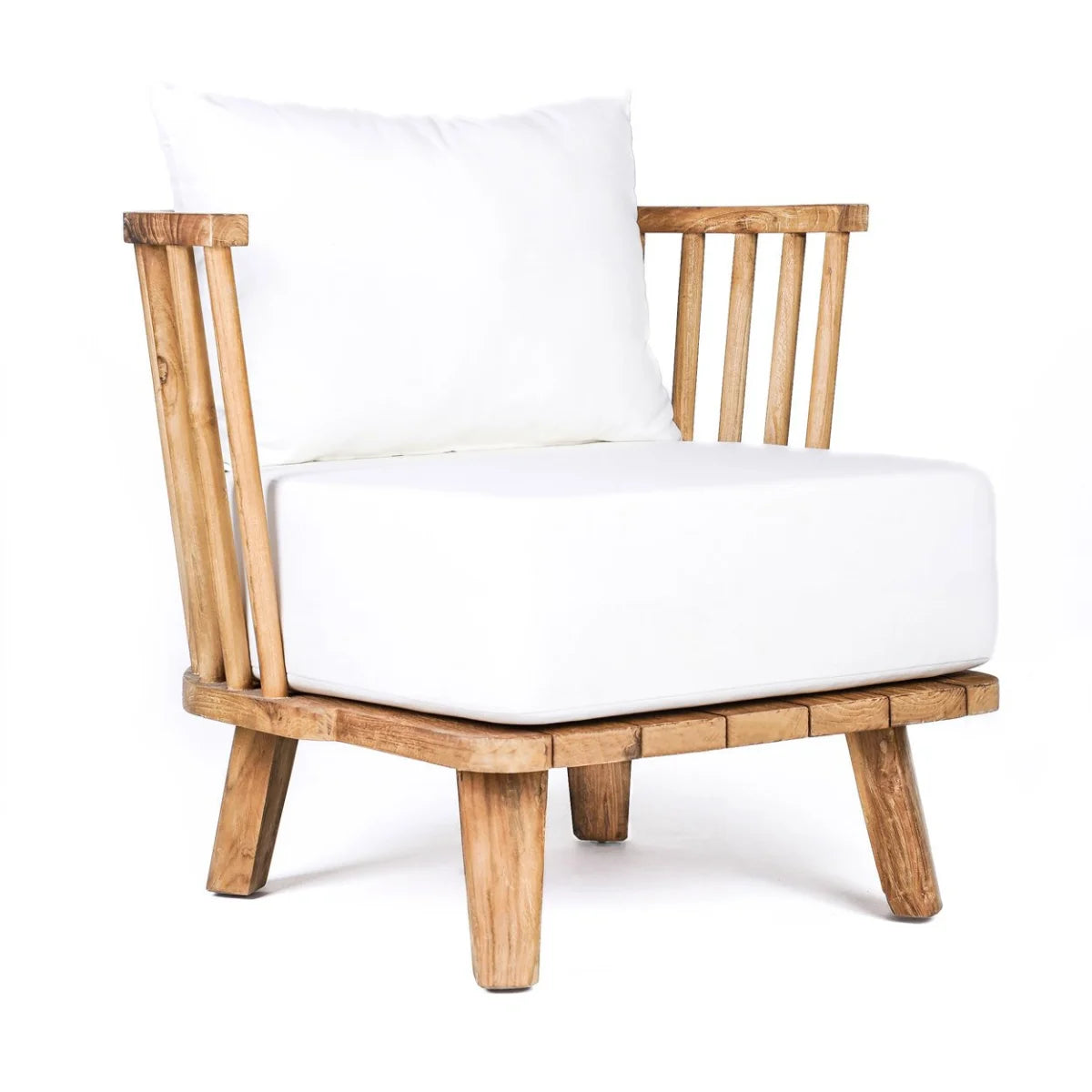Fauteuil en teck recyclé avec coussins blancs pour salon ou terrasse 70x70 cm