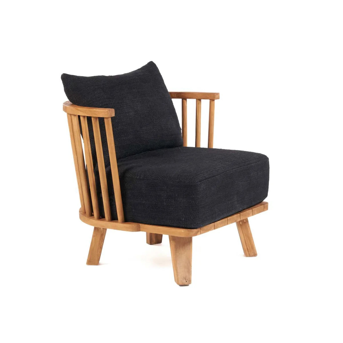 Fauteuil en teck recyclé et tissu noir avec accoudoirs à lattes