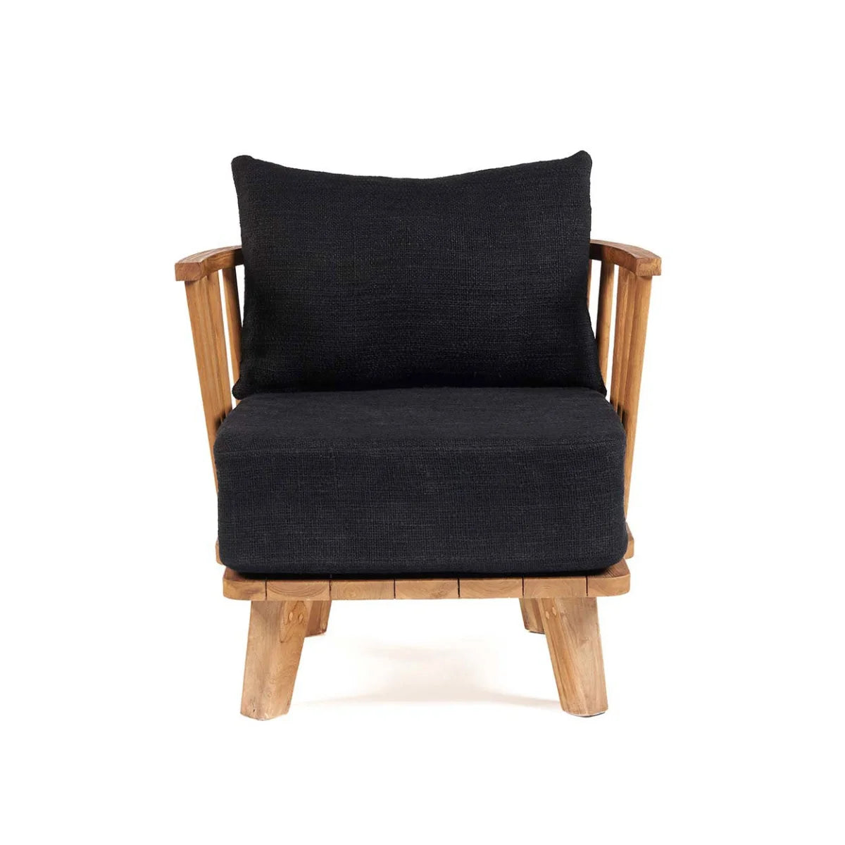 Fauteuil en teck recyclé et tissu noir avec accoudoirs à lattes