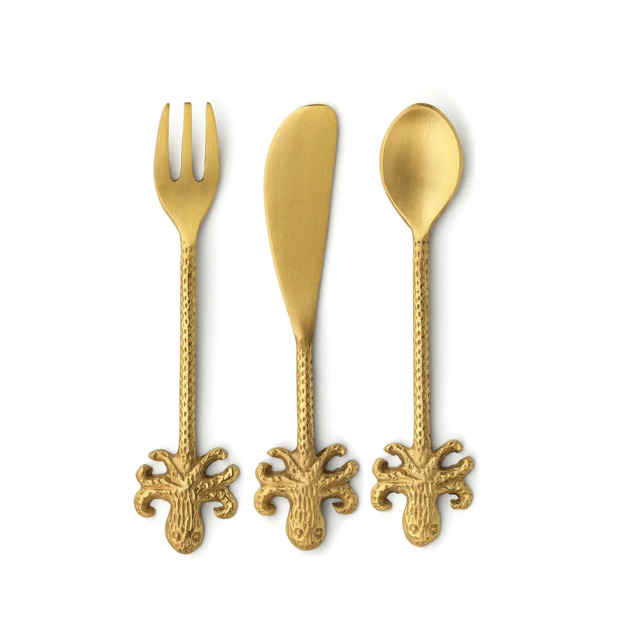 Set de trois ustensiles en laiton doré avec motif poulpe marin
