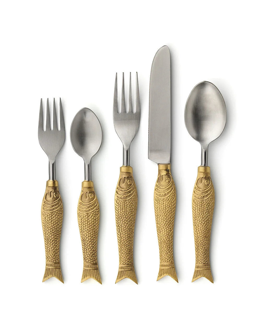 Set de cinq couverts poisson en laiton doré et inox brossé pour la cuisine élégante
