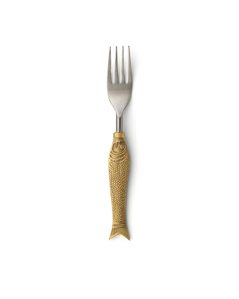 Fourchette dorée poisson sculpté en laiton et inox brossé