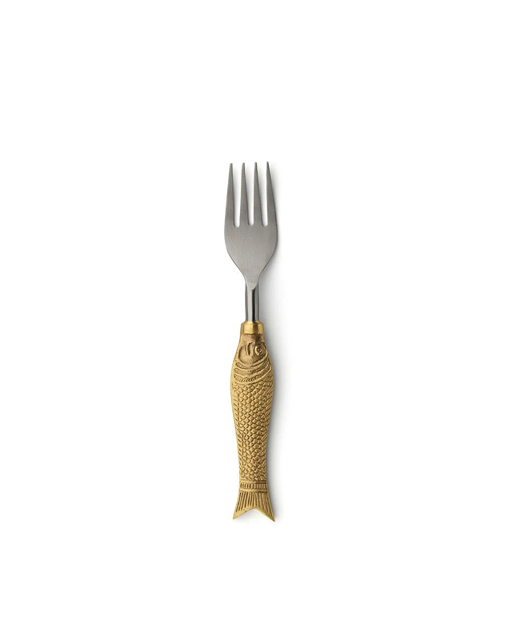 Fourchette dorée avec poignée en forme de poisson en laiton et inox brossé