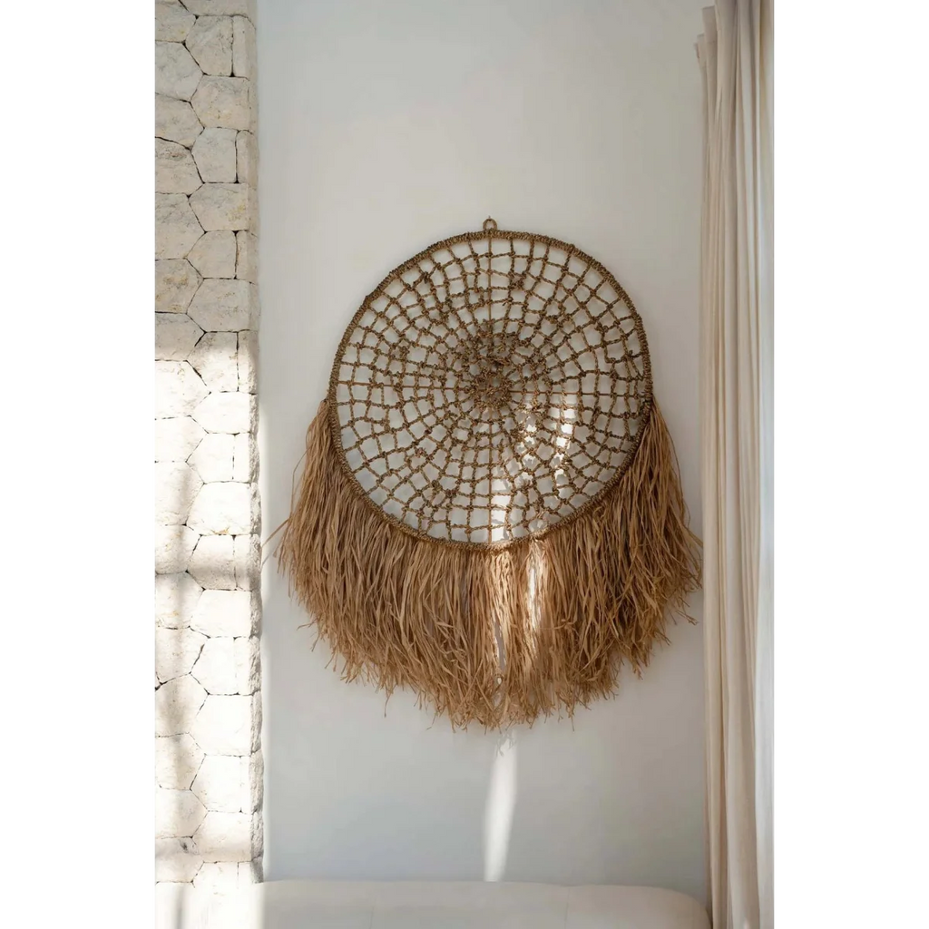 Attrape-rêves mural rond en raphia et jonc de mer naturel avec franges