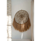 Attrape-rêves mural rond en raphia et jonc de mer naturel avec franges
