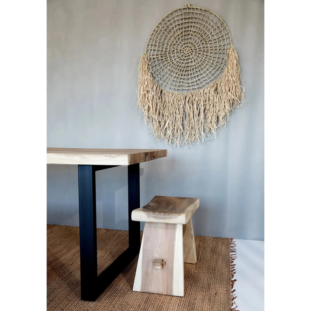 Murale ronde en raphia et joncs de mer naturel avec franges pour décoration intérieure