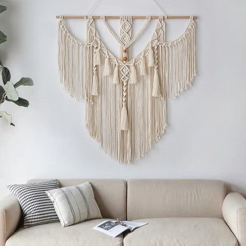 Grand macramé mural 80x80 en situation dans un salon