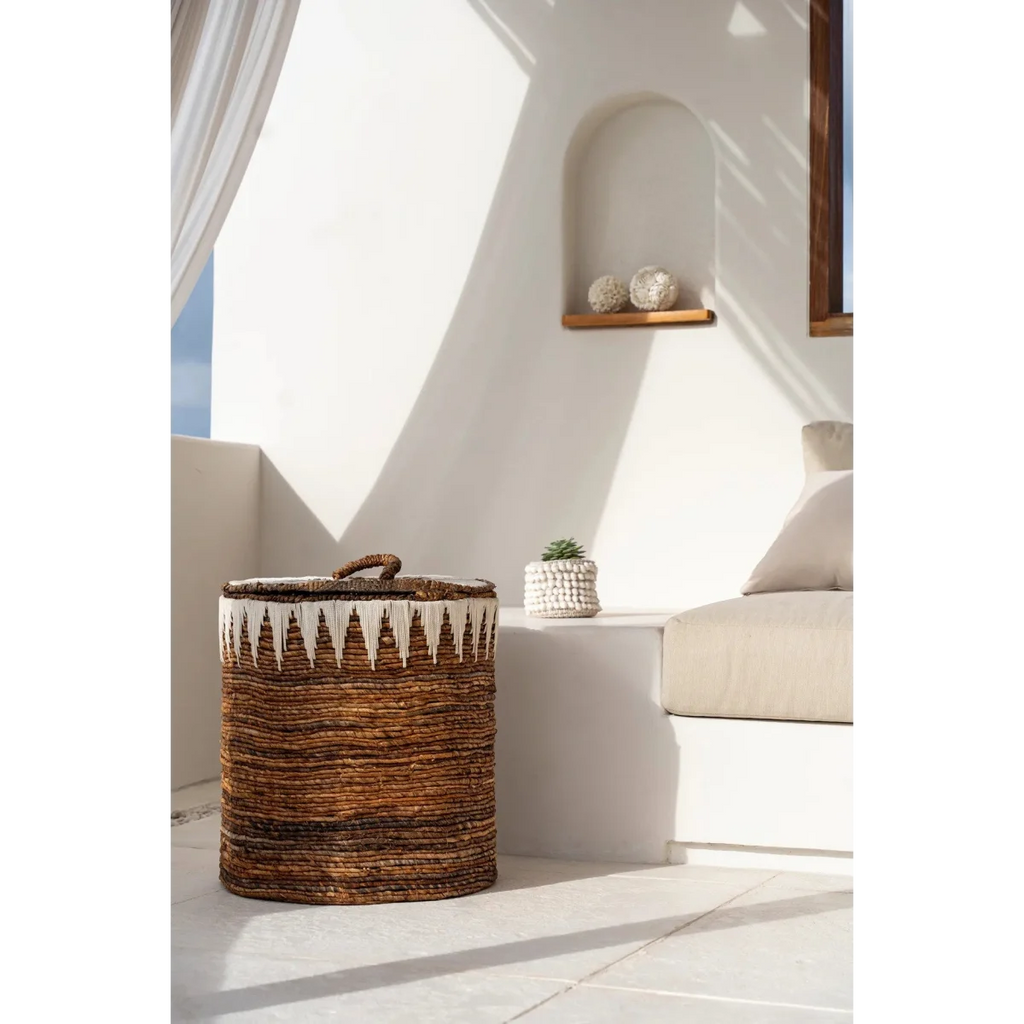 Grand panier à linge en feuille de bananier tressée 55 cm