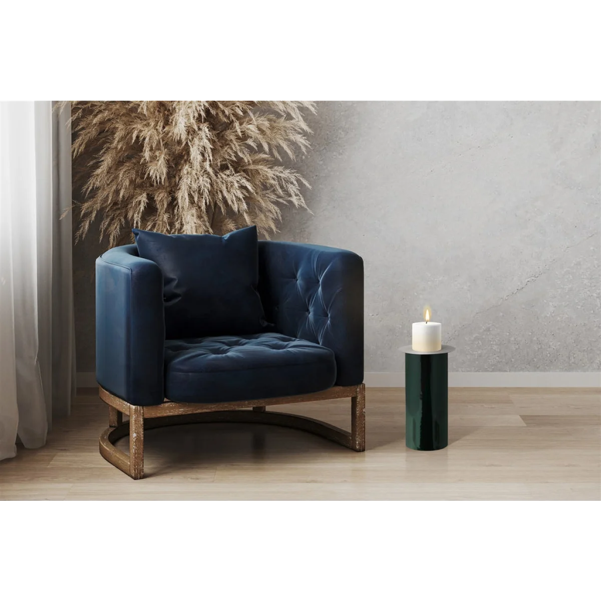Fauteuil en velours bleu foncé avec base en bois, parfait pour le Guéridon en métal vert foncé