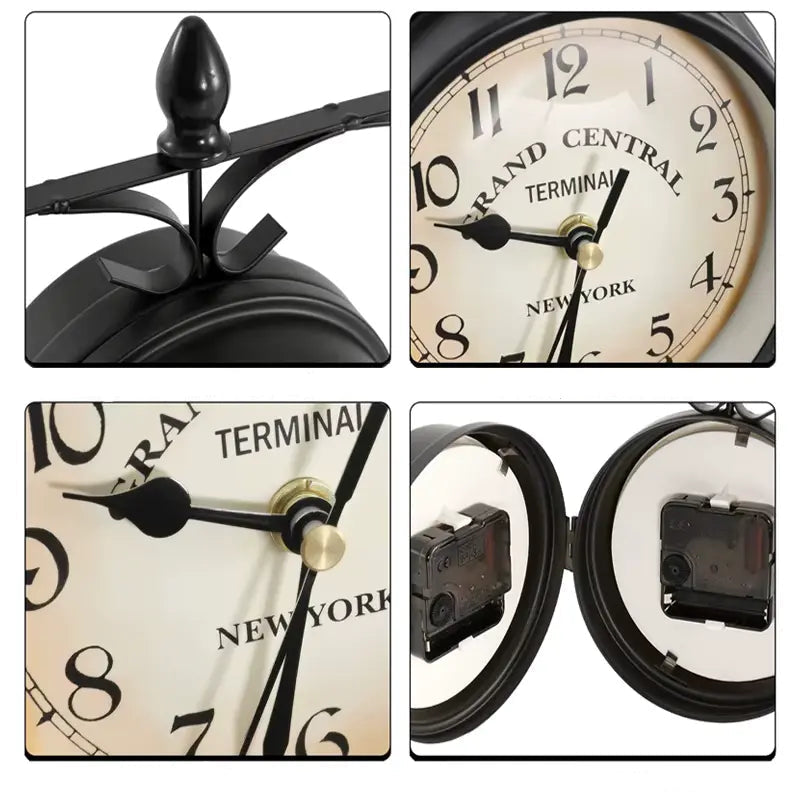 Zoom sur le cadran beige patiné de l’horloge murale double face vintage, chiffres noirs et aiguilles élégantes